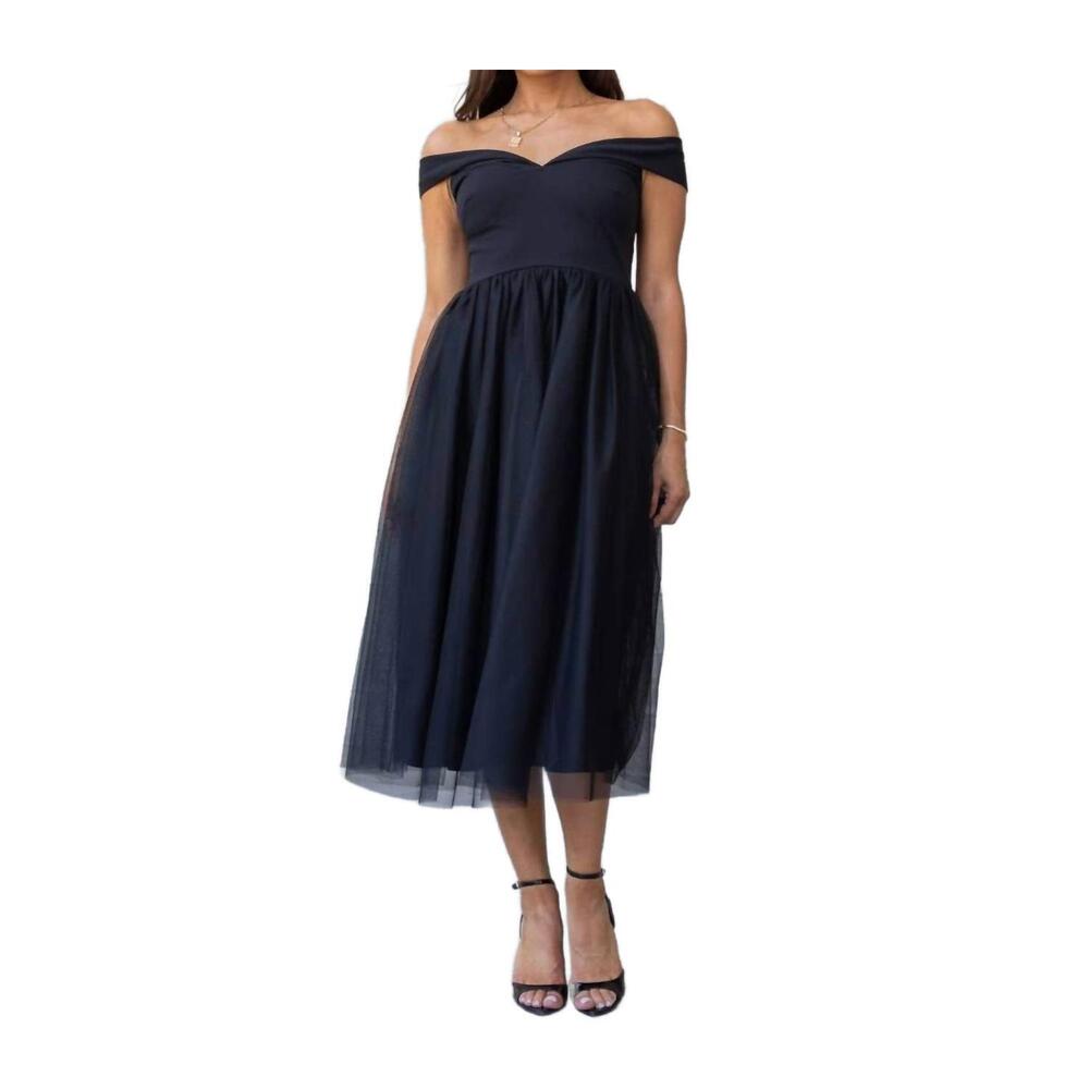 NEW INMOD off the shoulder tulle midi dress in black